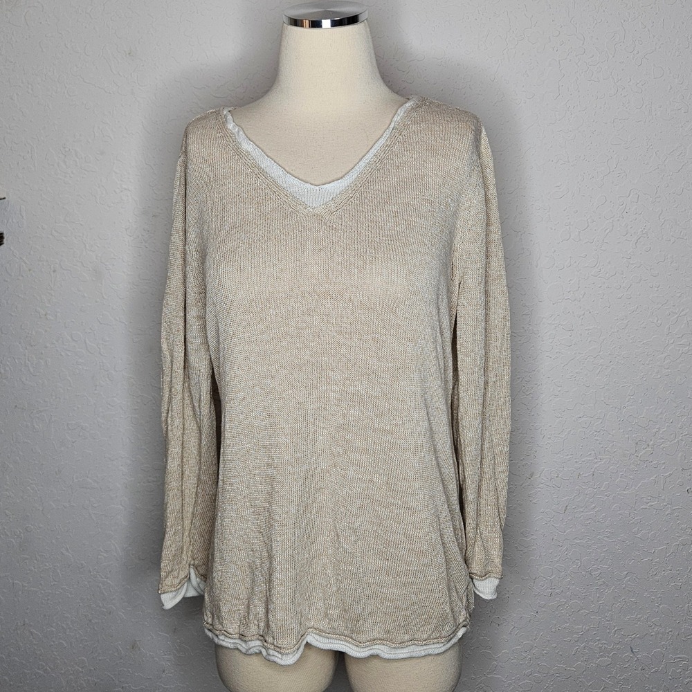 Avalin Womens Beige 100% Linen V-Neck Lightweight Knit Layered Trim Sweater M